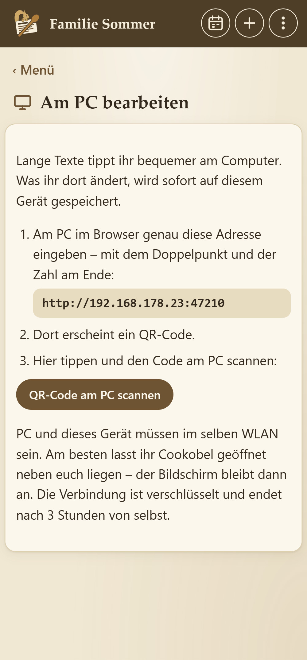 Am Gerät: „Am PC bearbeiten“ mit der Adresse für den Browser