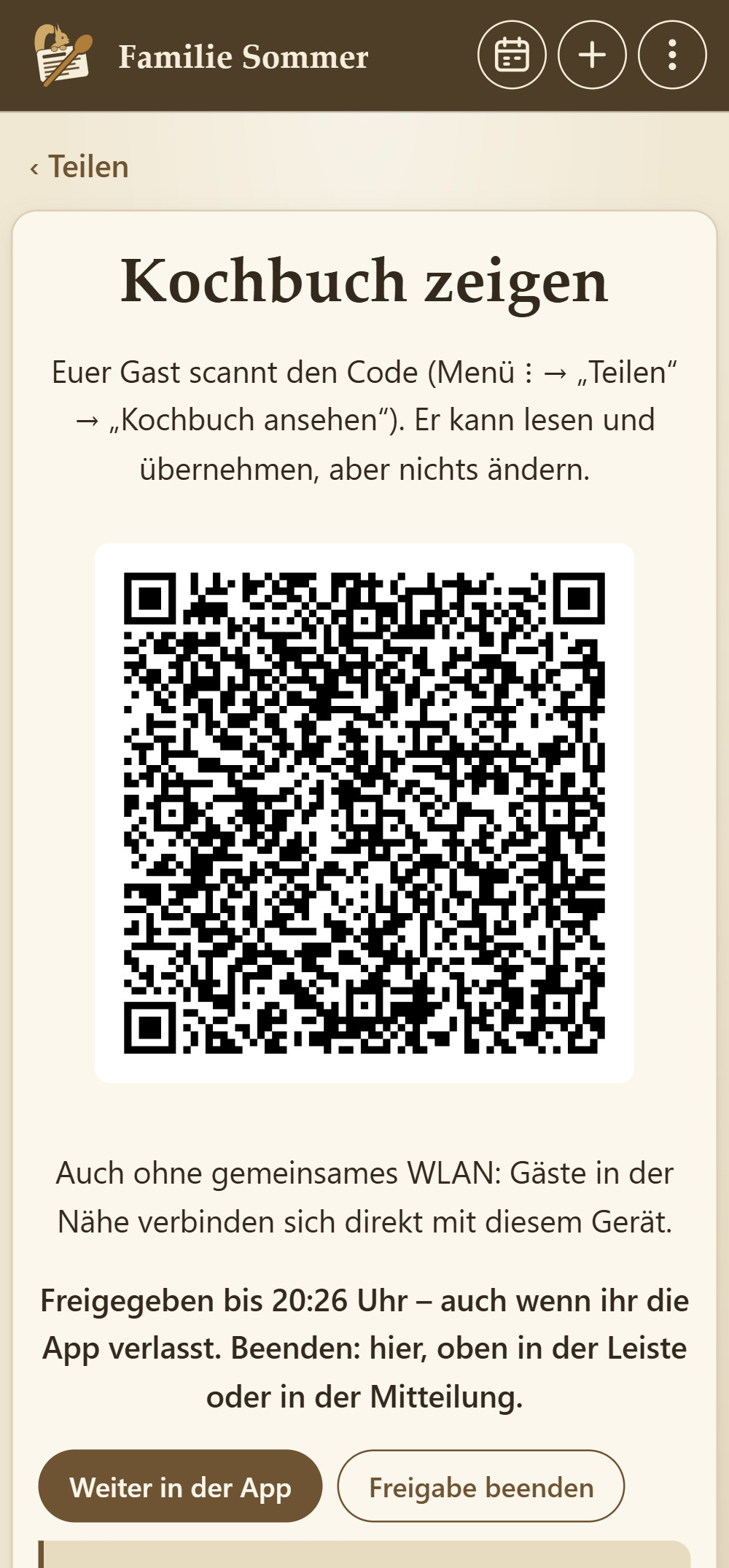 Euer Gerät: Kochbuch freigegeben, mit QR-Code