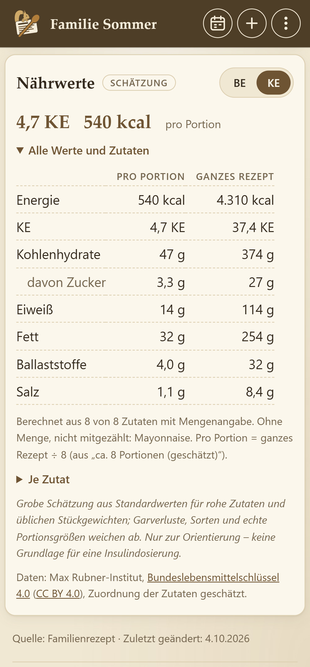 Nährwerte pro Portion: 4,7 KE und 540 kcal, dazu die ganze Tabelle