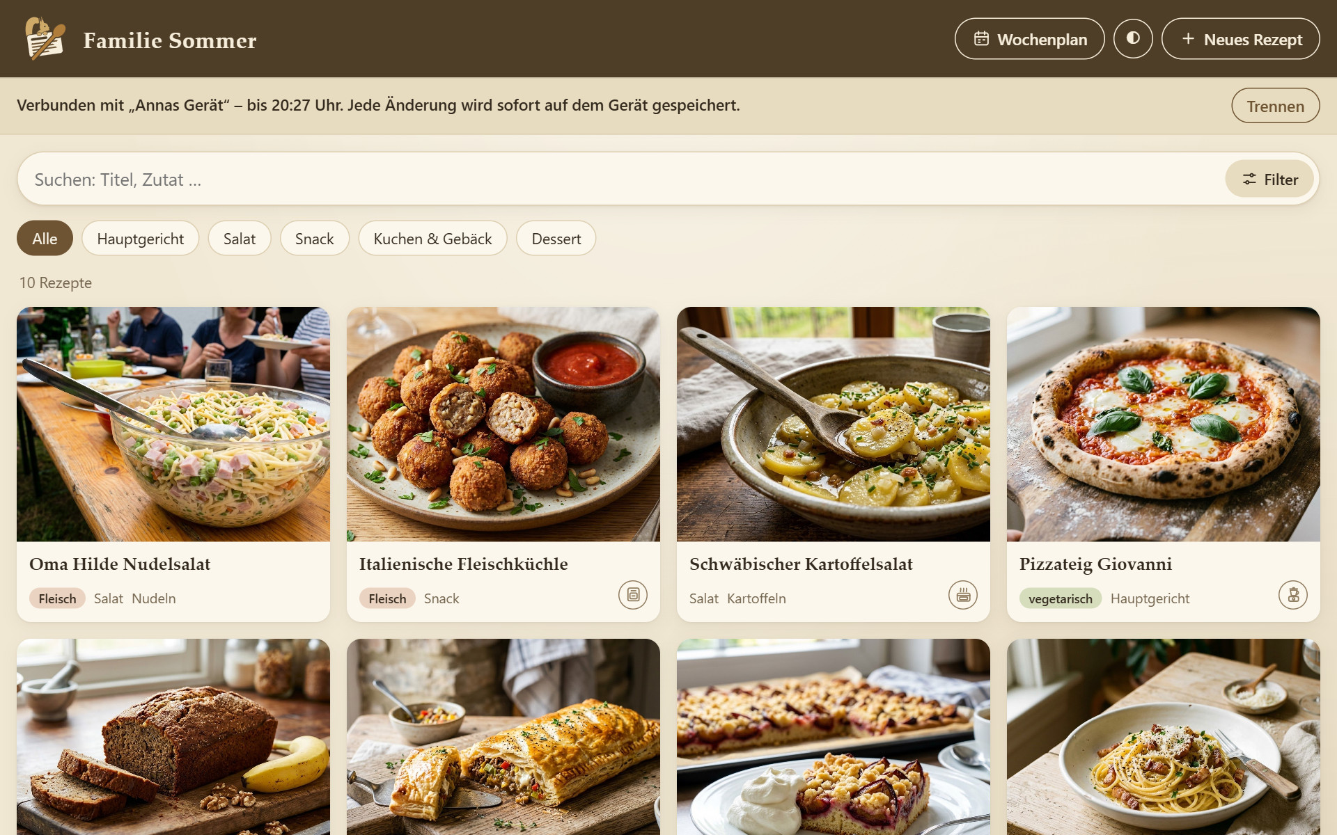 Cookobel im Browser am PC: Rezeptübersicht, oben „Verbunden mit Annas Gerät“