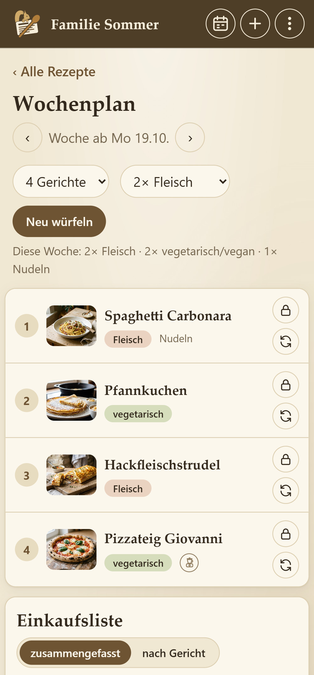 Wochenplan mit vier Gerichten, nummeriert