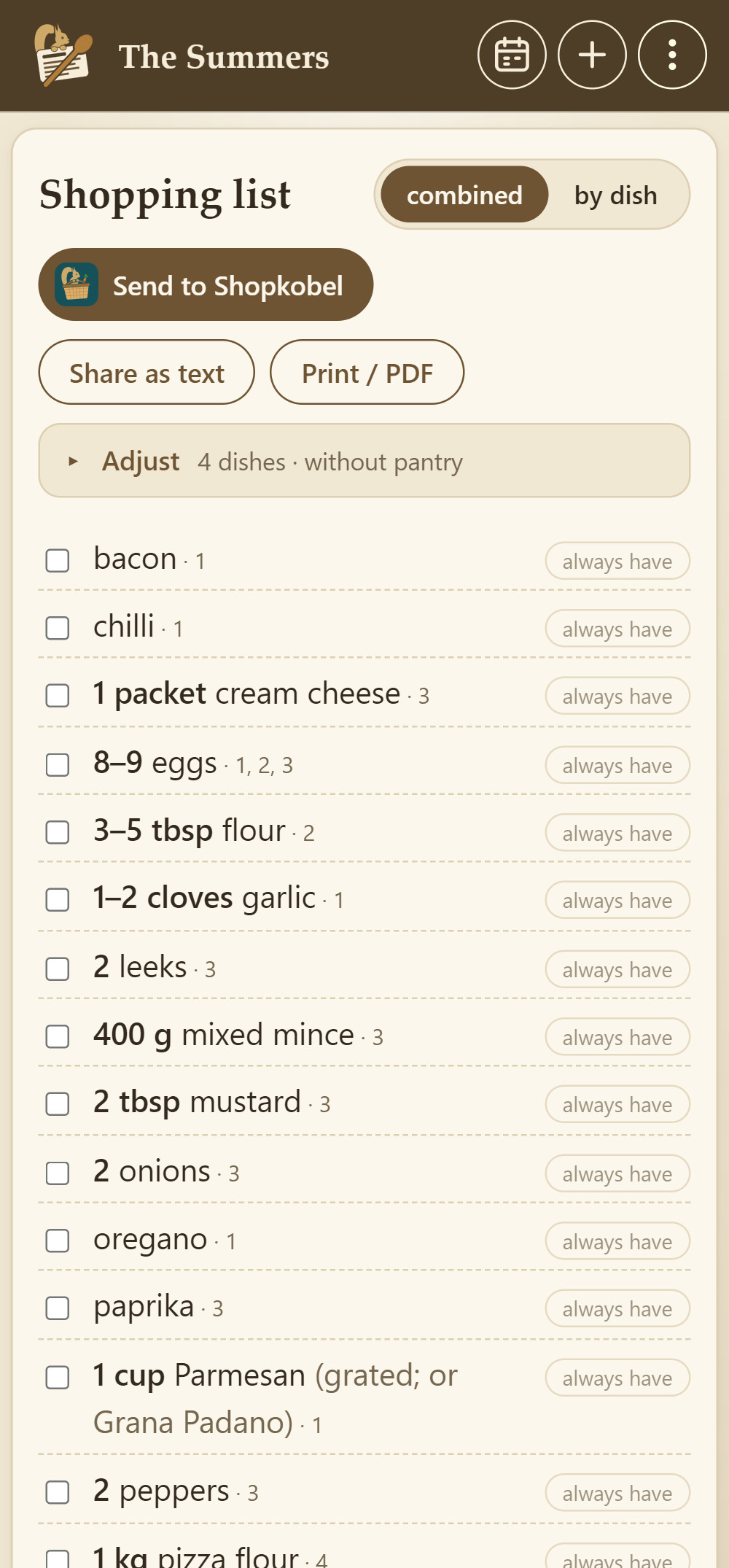 Shopping list: all ingredients for the week added up, each followed by the numbers of its dishes