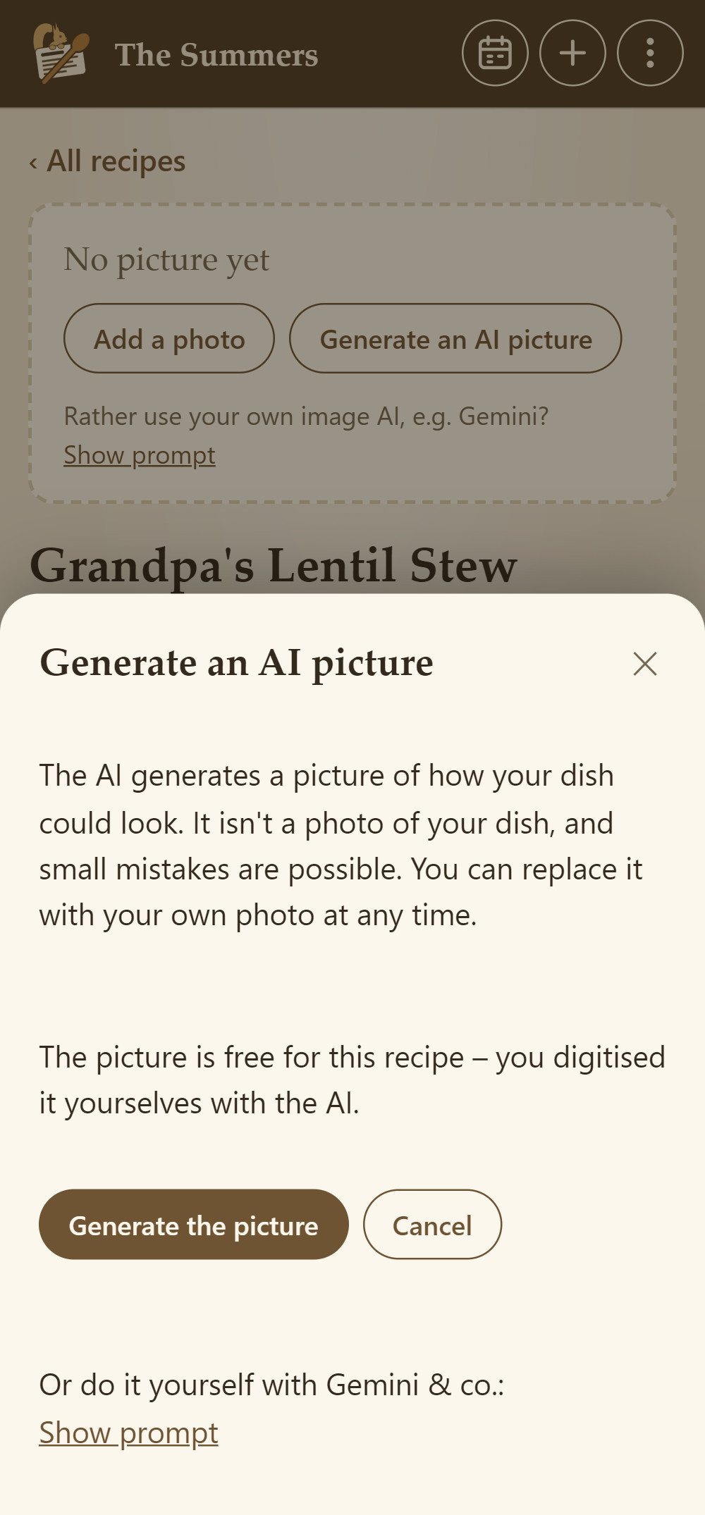 Generate an AI picture: what the AI does, and that the picture is free for this recipe