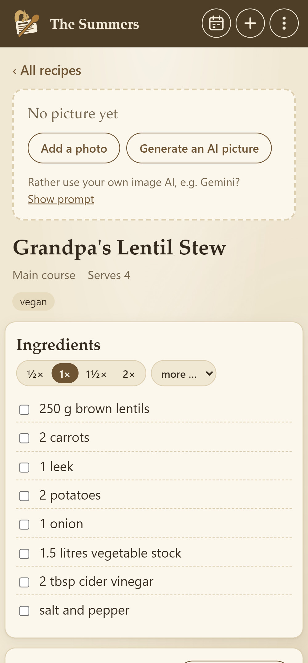 Recipe without a photo: “No picture yet” with “Add a photo” and “Generate an AI picture”