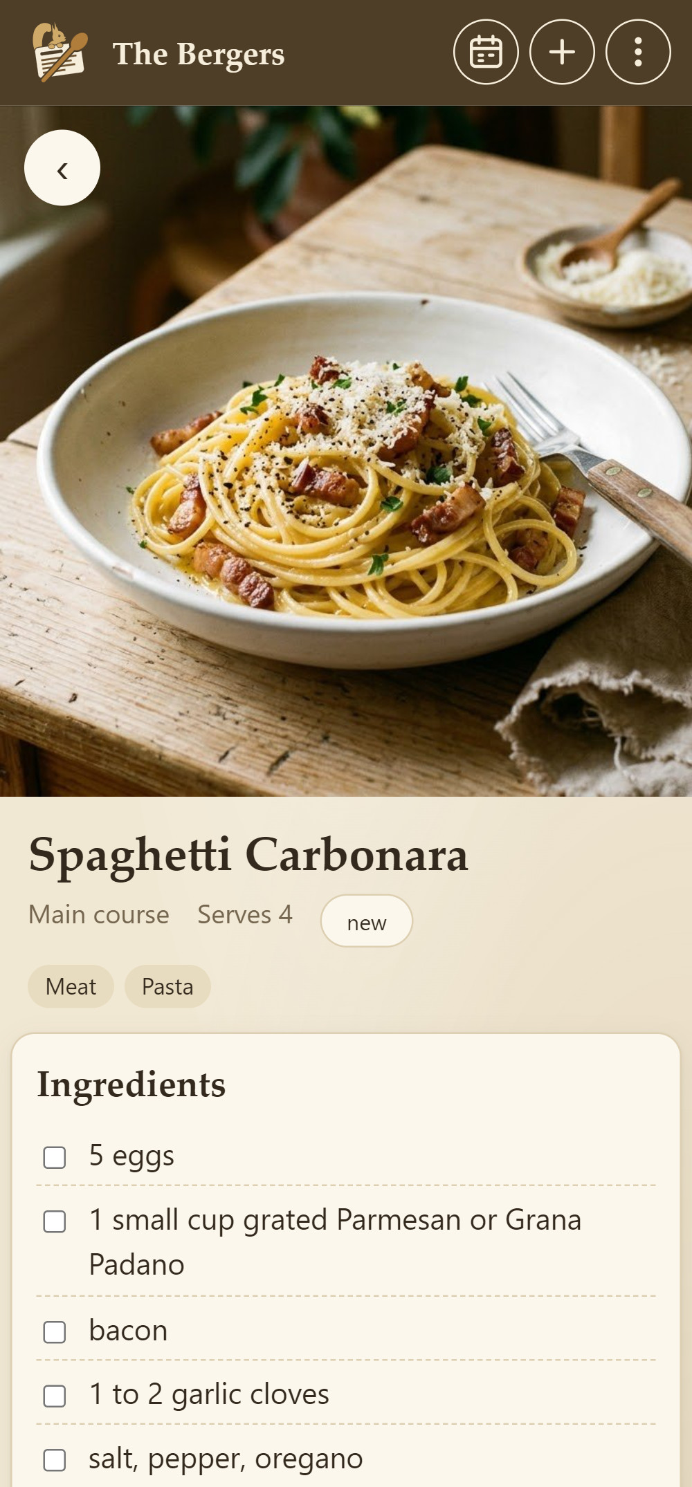 A guest's device: Spaghetti Carbonara from the other family's cookbook
