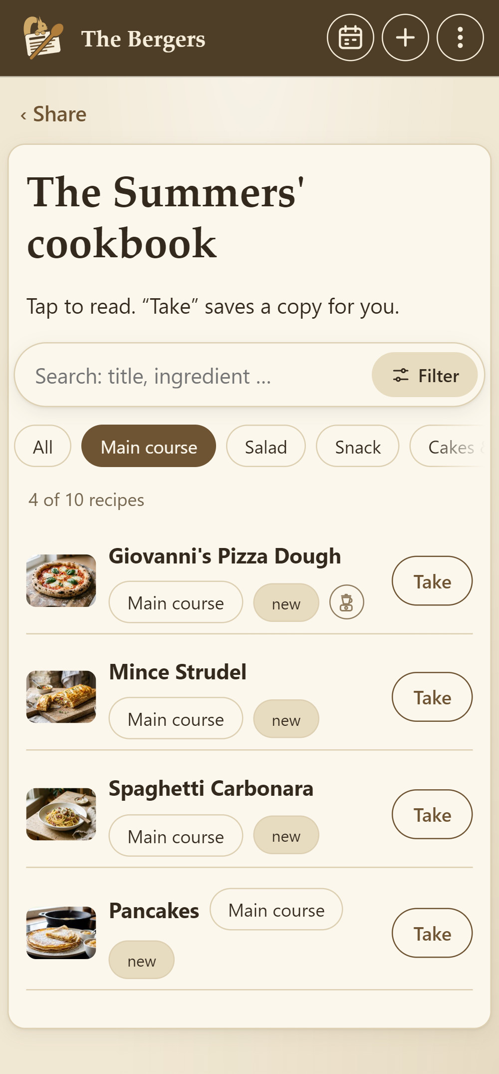A guest's device: the Summers' cookbook with search and filter, main course selected