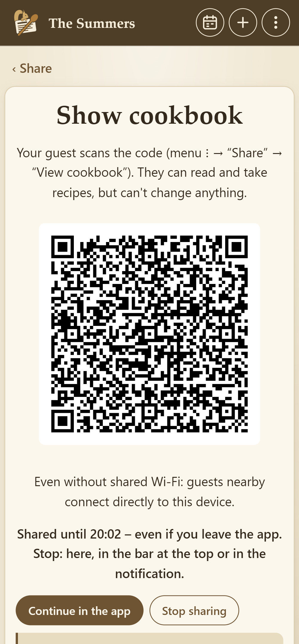 Your device: cookbook shared, with a QR code