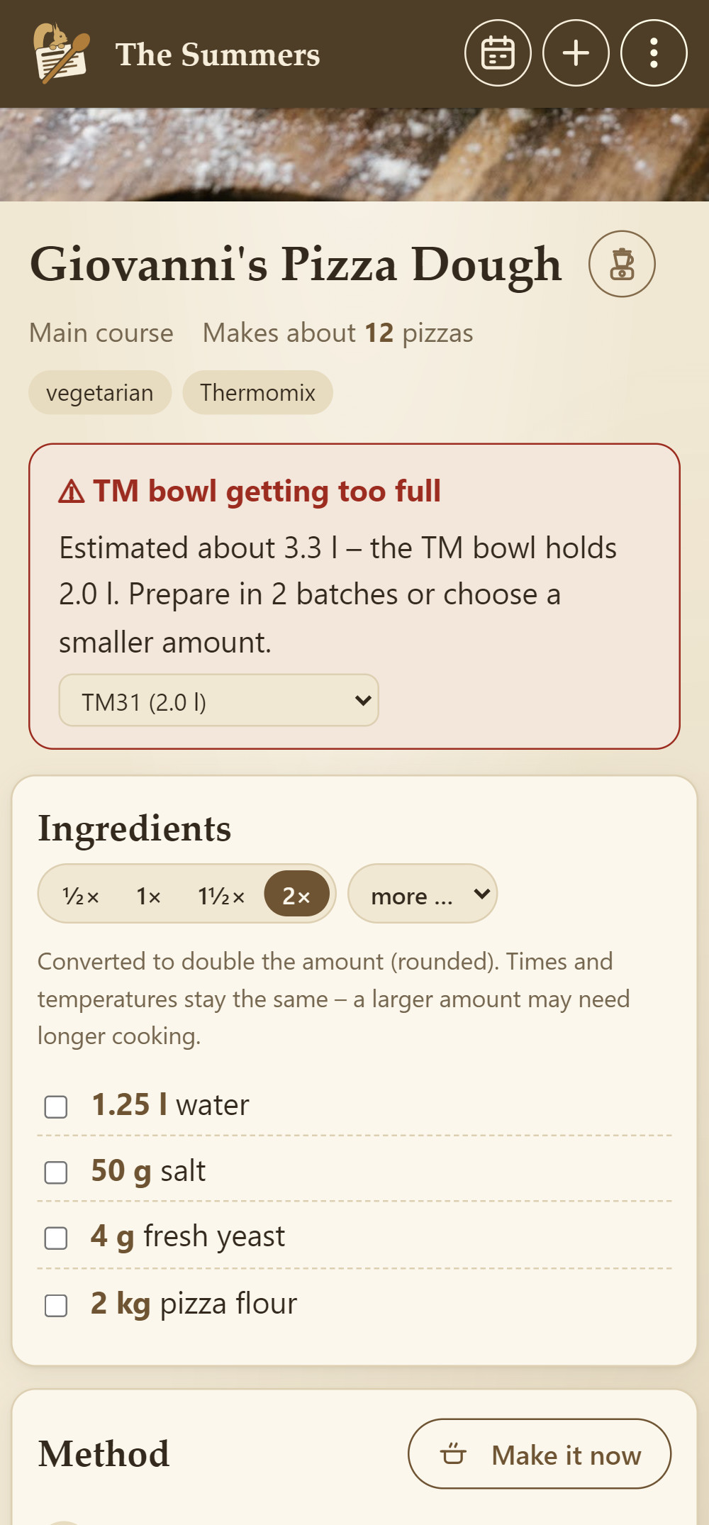 Pizza dough at double the amount: Cookobel warns that the mixing bowl will be too full