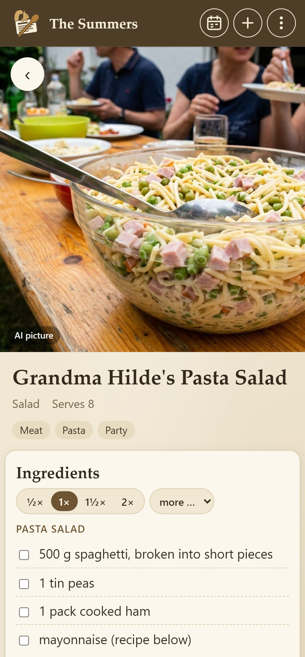 The result in Cookobel: Grandma Hilde's Pasta Salad with an AI picture and the ingredients, in English