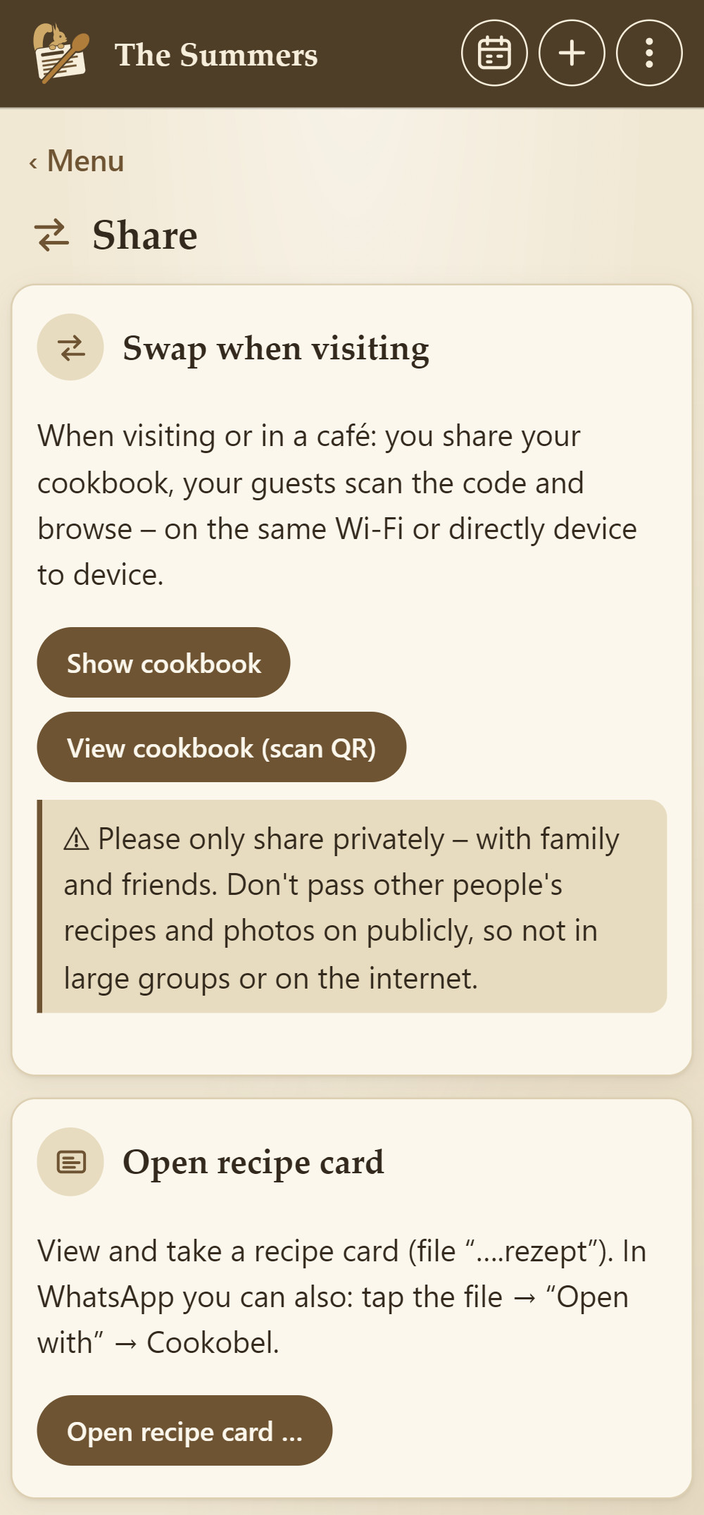 Share: show cookbook, view cookbook, open recipe card