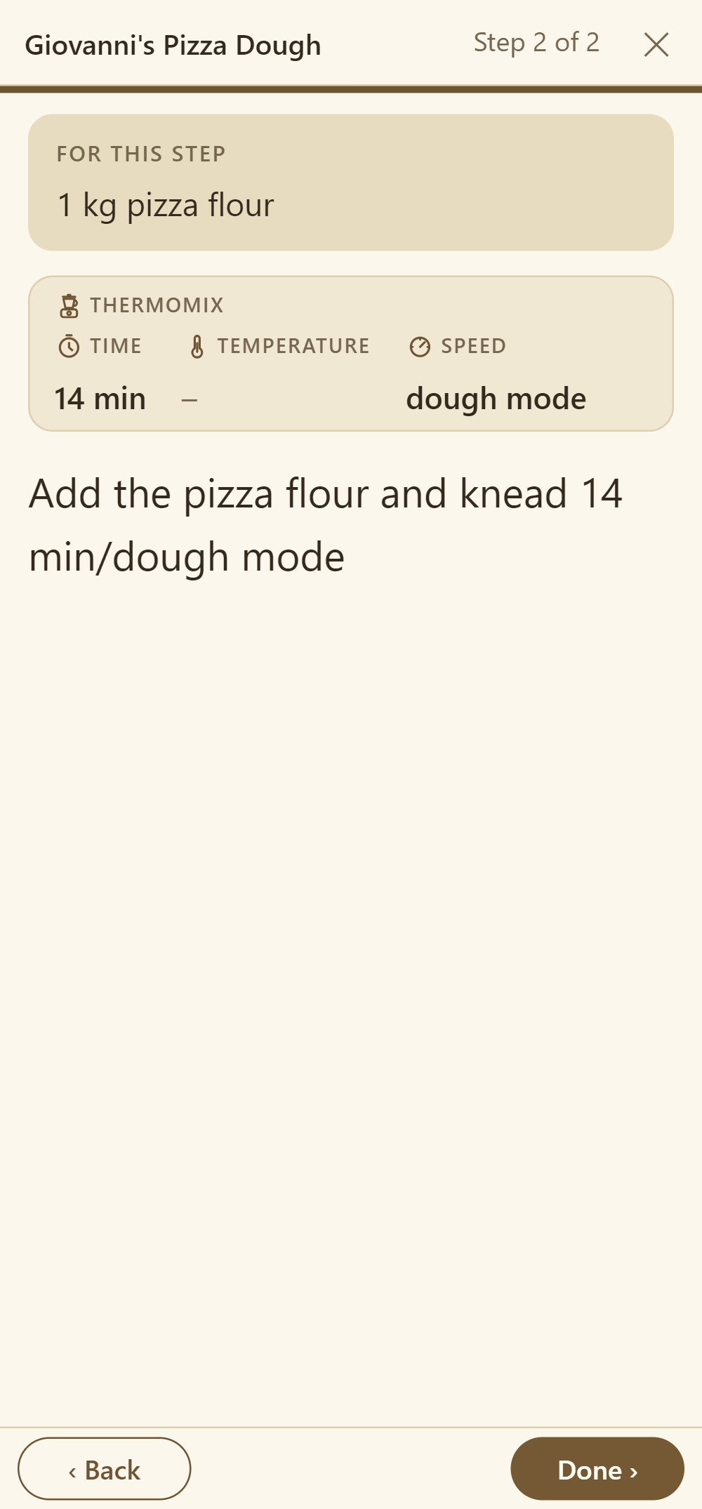 Step 2 of 2: the pizza flour, below it 14 min · no temperature · dough mode