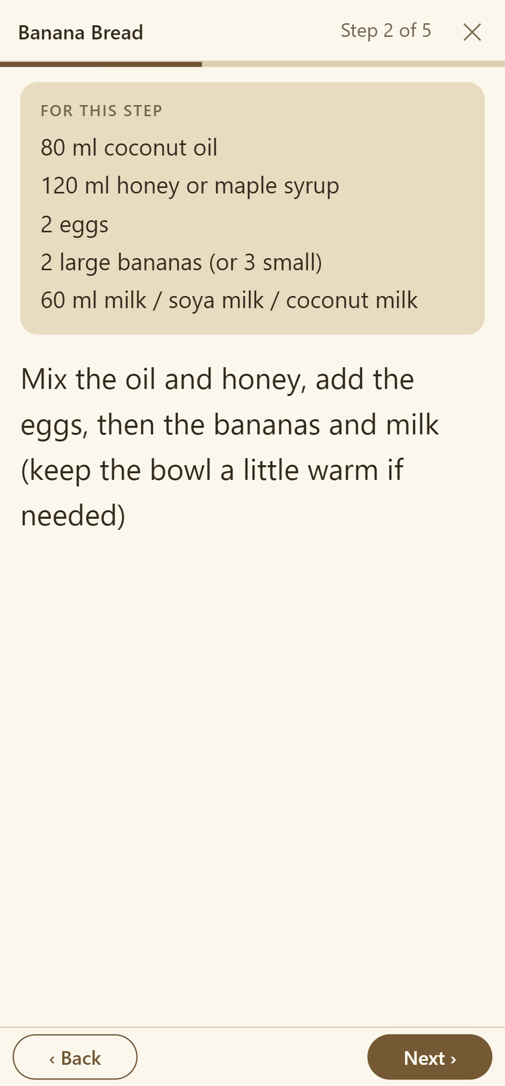 Step 2 of 5: above it the five ingredients for this step, with quantities