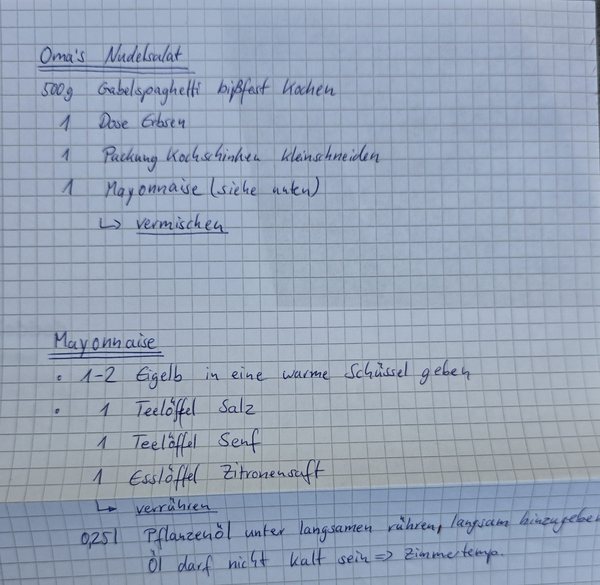 Handgeschriebene Rezeptkarte: Omas Nudelsalat