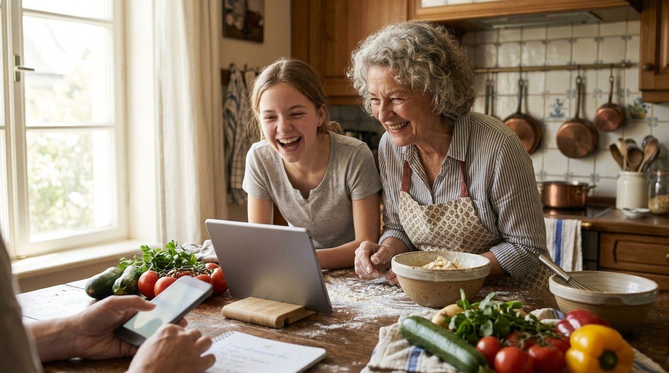 Großmutter und Enkelin kochen zusammen in der Küche